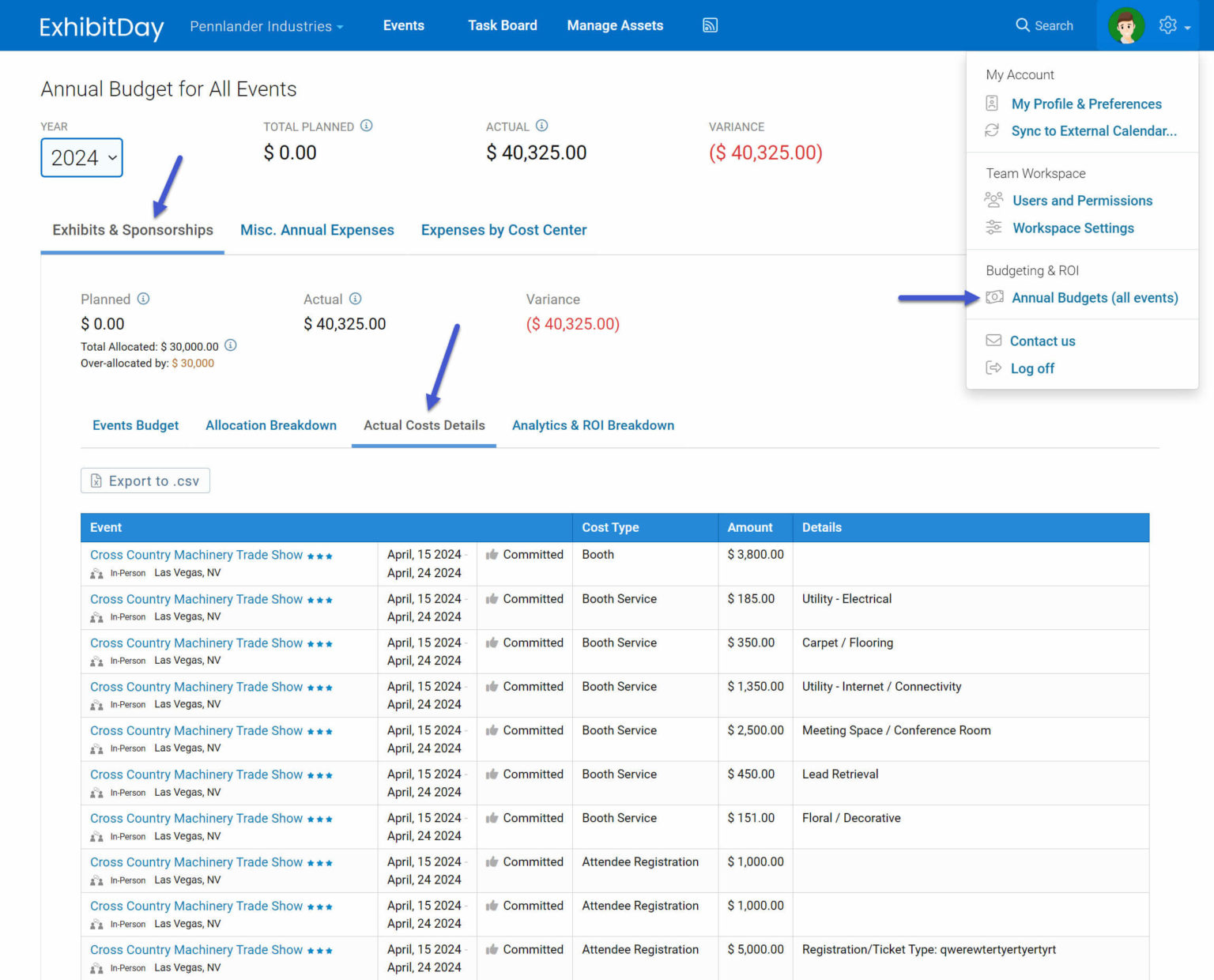 Actual Costs for Events Exhibit Day