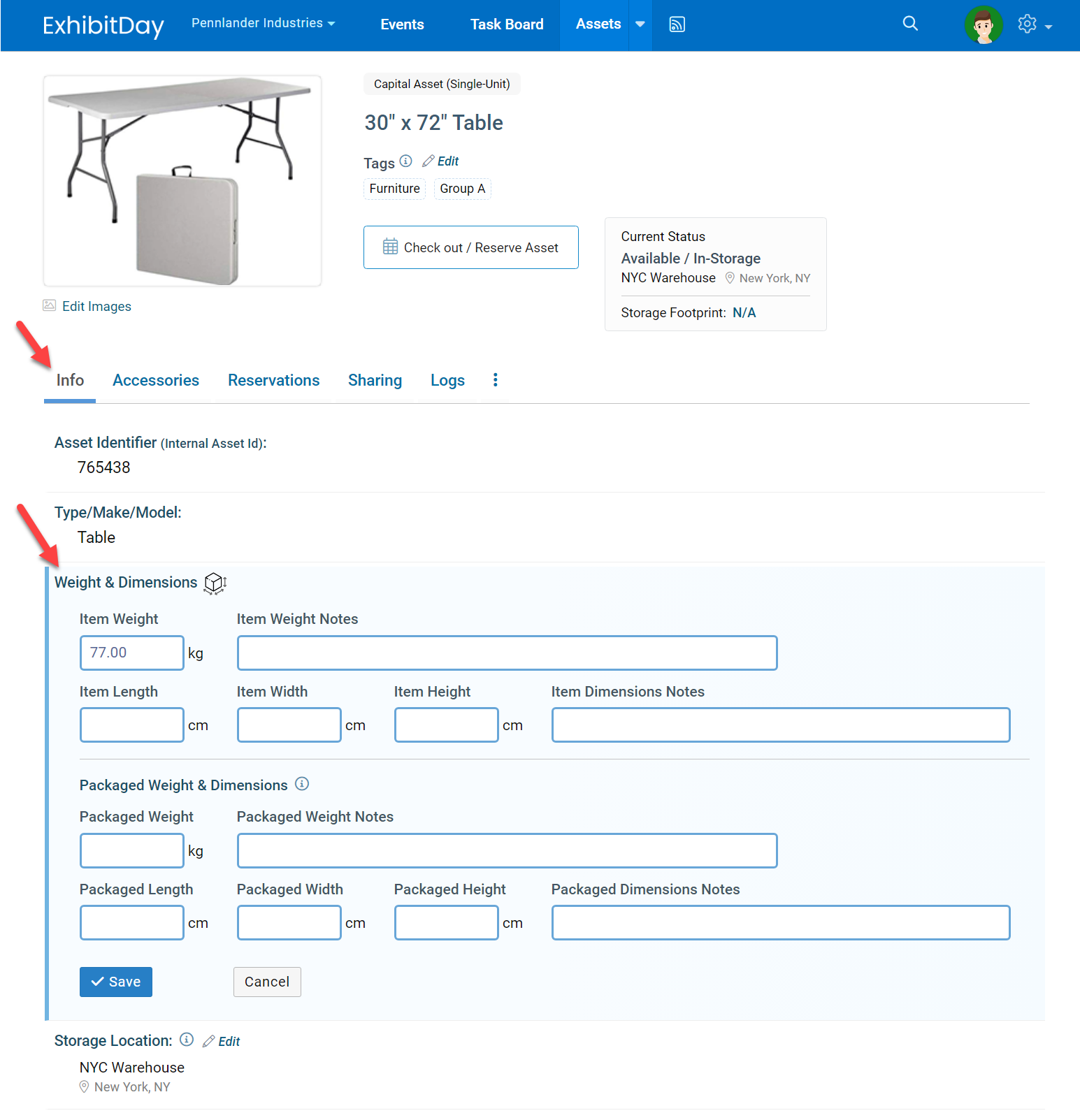 Asset Weight and Dimensions