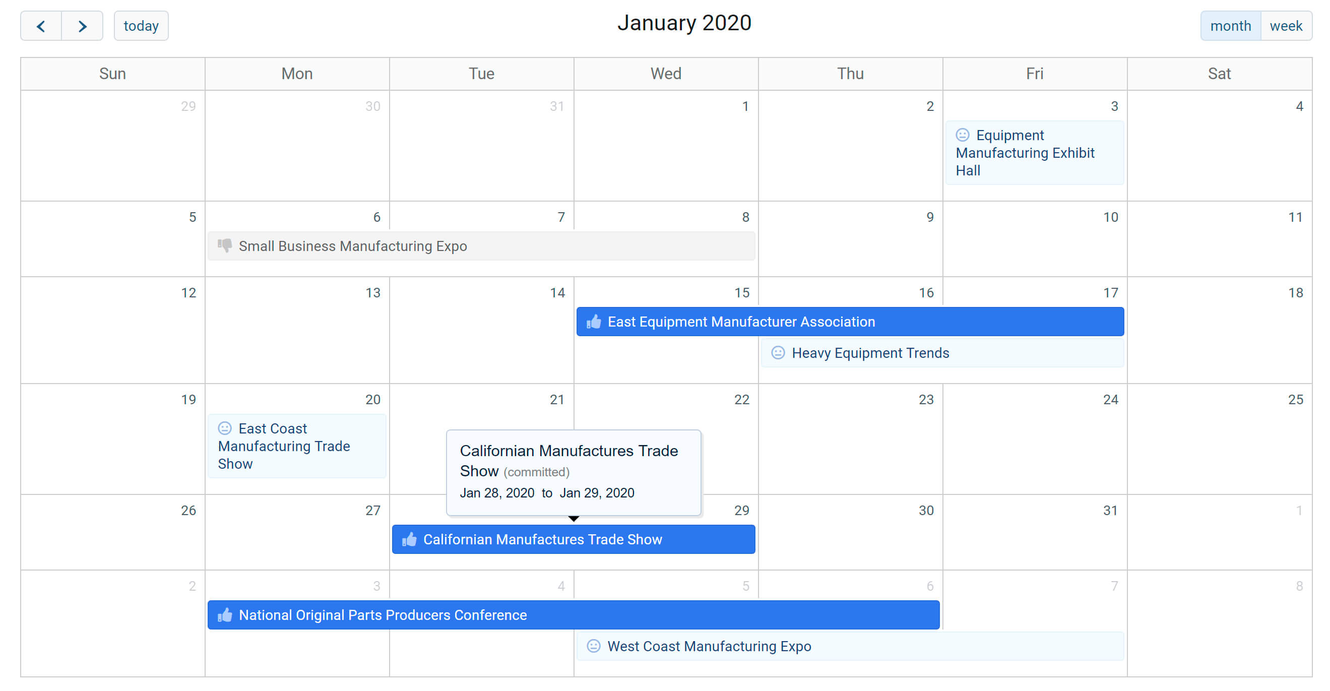 Calendar View of Trade Shows and Exhibits Exhibit Day