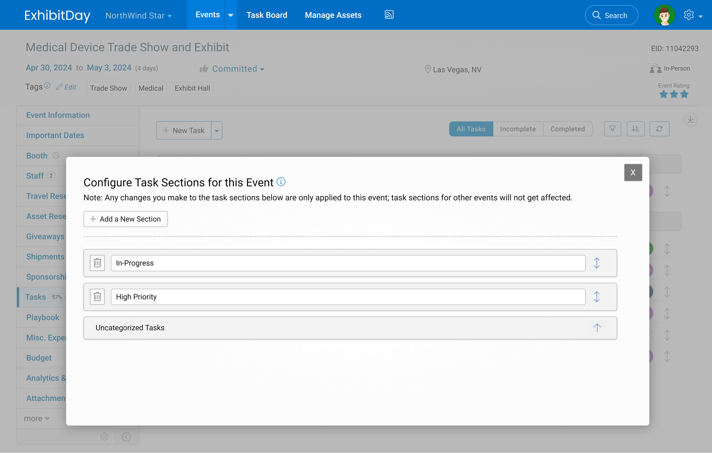 Configure Task Sections for an Event