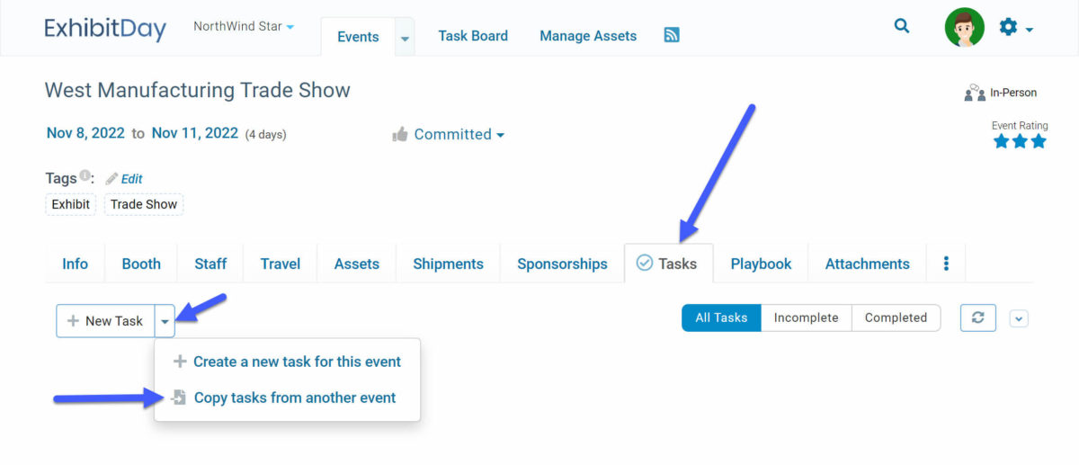 Copying Tasks From Another Event - Exhibit Day