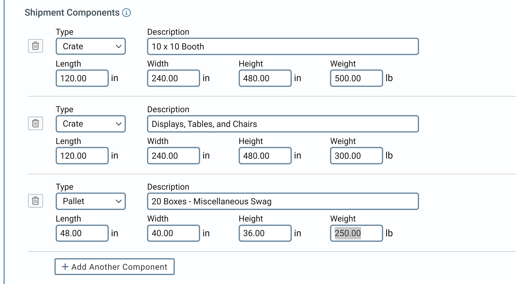 Shipment Components - Specifying Weight and Dimensions - Exhibit Day